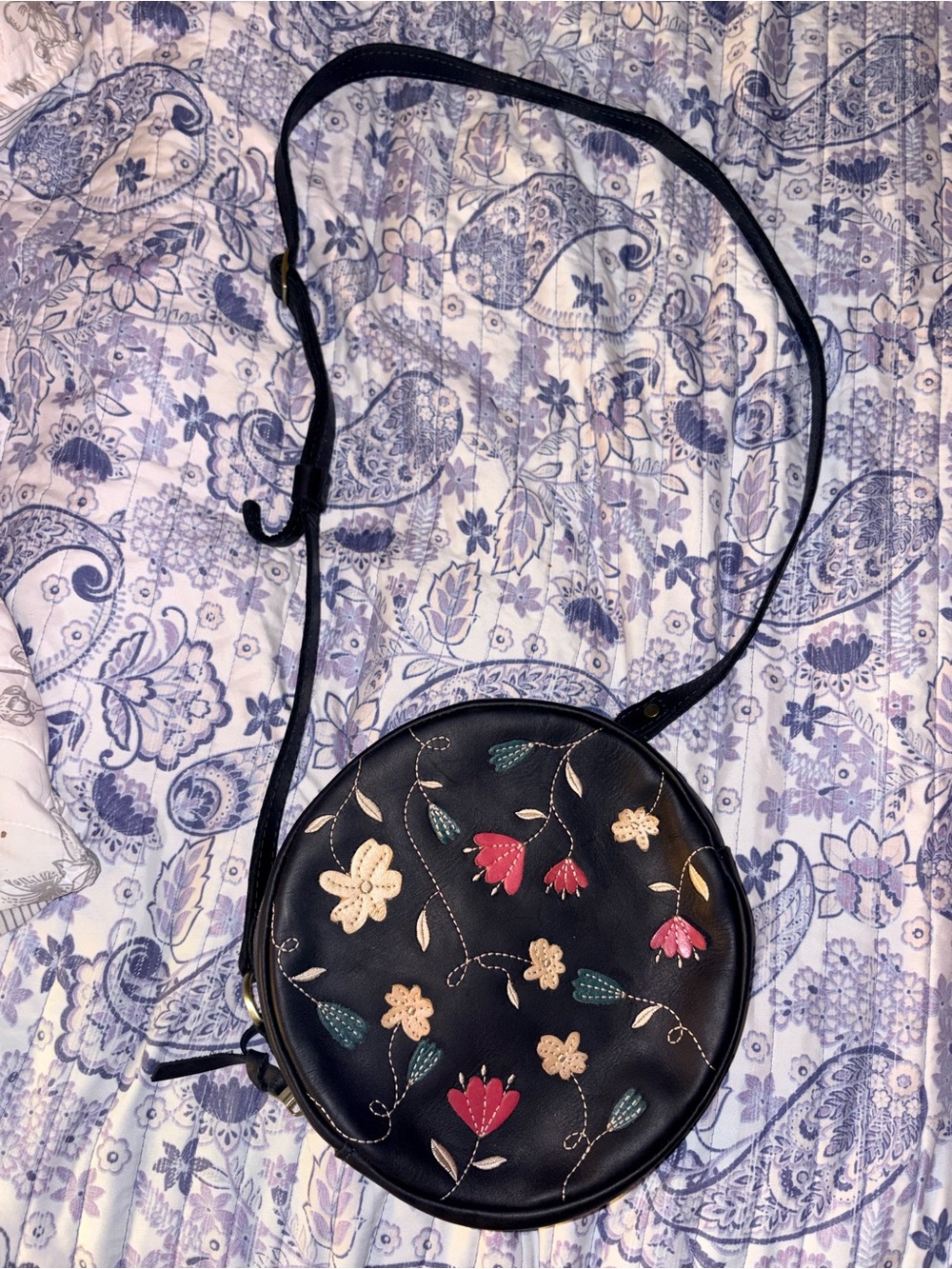 Portland Leather Black Floral Embroidered Round Crossbody Bag